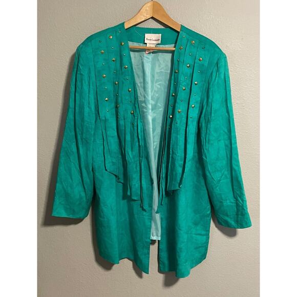 Vintage Pierre Lamonte Womens Jacket Size 16 Green Rayon Studded Open Waterfall - Picture 1 of 7